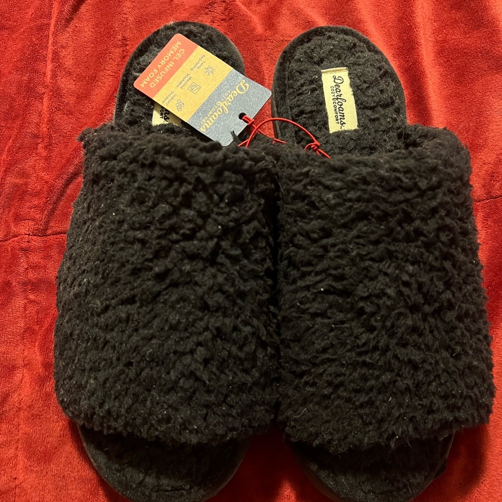 dearfoams Black Faux-Sherpa Slide Slippers